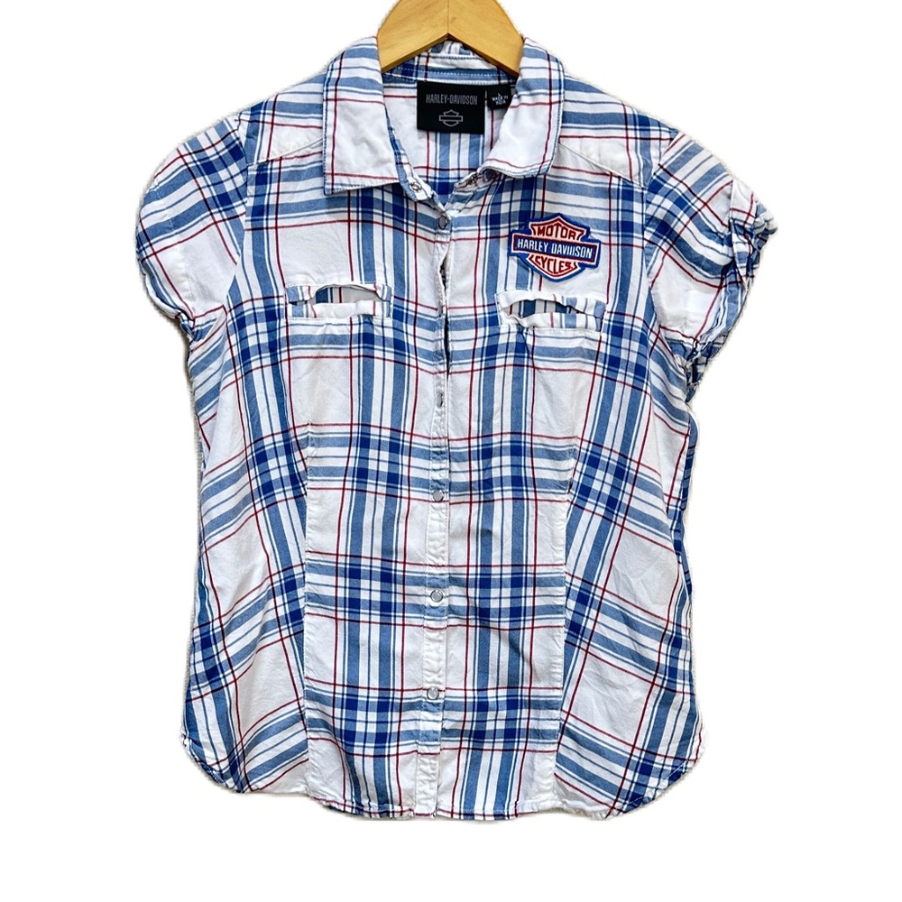 Harley Davidson Land Of Liberty Plaid Button Down Shirt White Blue Women’s Large